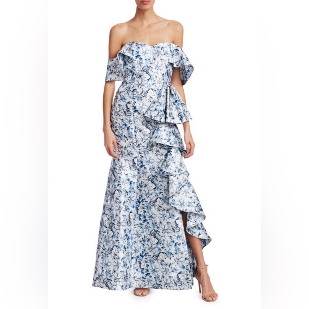 Badgley Mischka Blue Floral Off-Shoulder Gown